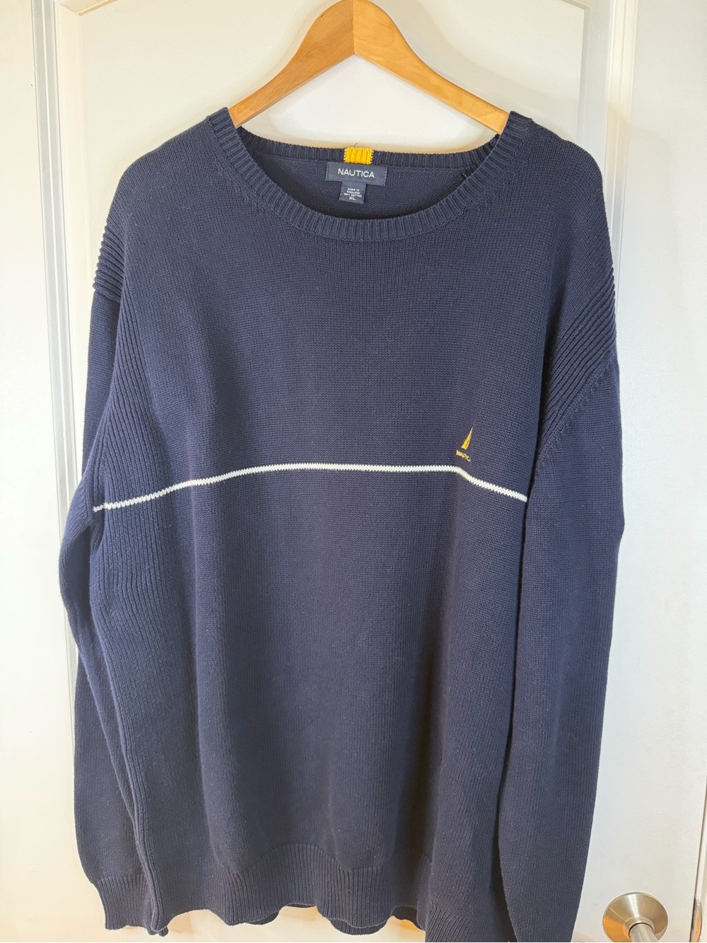 Vintage Nautica Navy Crewneck Sweater with White Stripe and Yellow Accent SZ XL